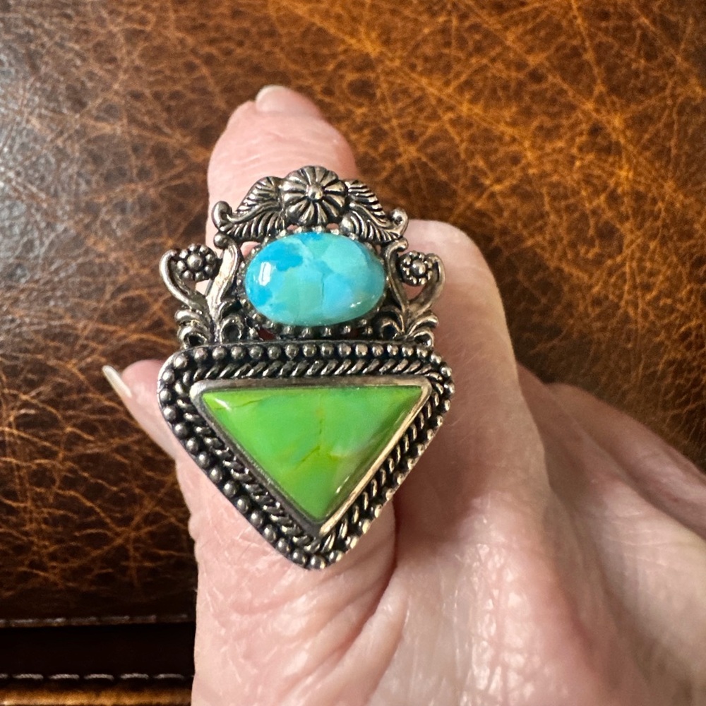 Turquoise 925 silver vintage ring, blue green stone statement ring